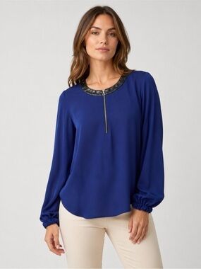 L’Agence Blue 100% Silk Faux Leather Trim Zip Blouse Size 6